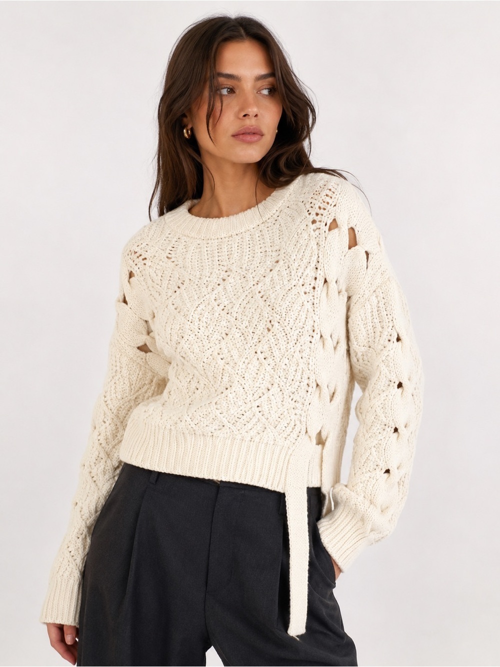 Zara Cream cable knit sweater with tie size medium